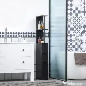 HOMCOM Dulap cu coloana din lemn ce economie de spatiu, dulap de baie cu rafturi, dulap si sertare, negru, 15x33x136.8cm 
