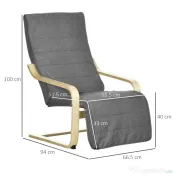 HOMCOM Fotoliu Relax cu Suport pentru Picioare, 5 Niveluri și Tetieră din Lemn de Mesteacăn și Țesătură, Gri 