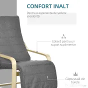 HOMCOM Fotoliu Relax cu Suport pentru Picioare, 5 Niveluri și Tetieră din Lemn de Mesteacăn și Țesătură, Gri 