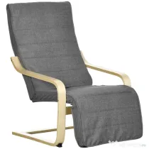 HOMCOM Fotoliu Relax cu Suport picioare pe 5 Niveluri si Tetiera, Fotoliu Ergonomic din Lemn de Mesteacan si Tesut, Gri