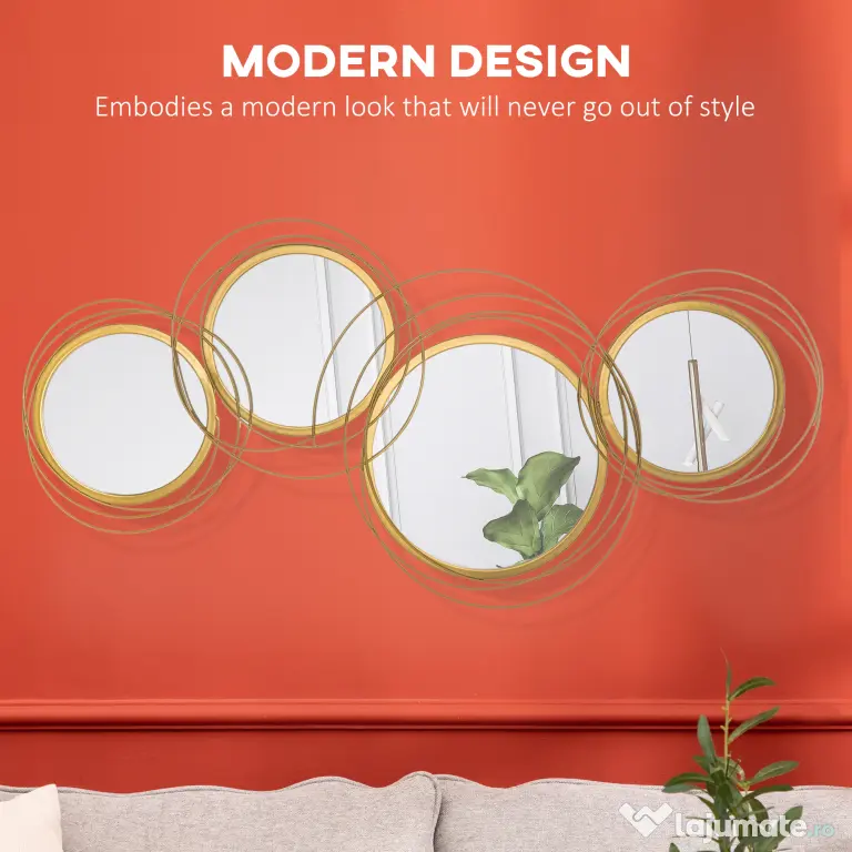 HOMCOM Decoratiune de perete din metal Decor oglinda decorativa moderna Sculpturi de perete pentru sufragerie dormitor sufragerie, auriu