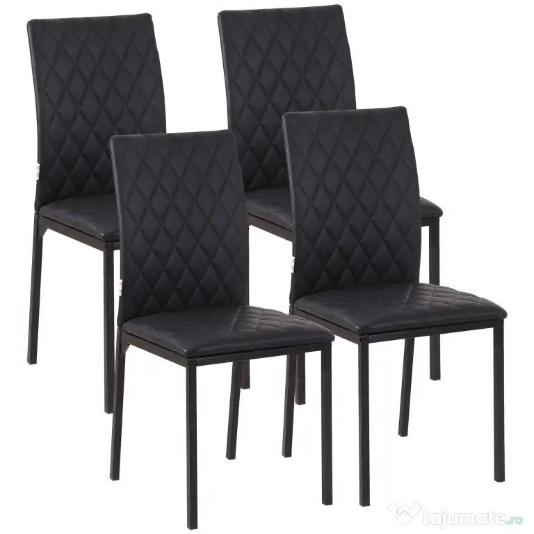 HOMCOM Set de 4 Scaune din Piele Ecologică cu Cusături Romboidale și Picioare din Oțel, 41x50x91 cm, Negru | Aosom Romania