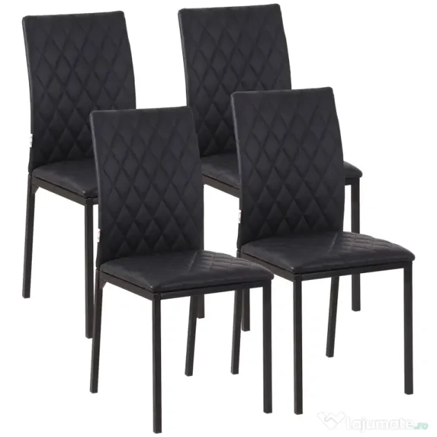 HOMCOM Set de 4 Scaune din Piele Ecologică cu Cusături Romboidale și Picioare din Oțel, 41x50x91 cm, Negru | Aosom Romania