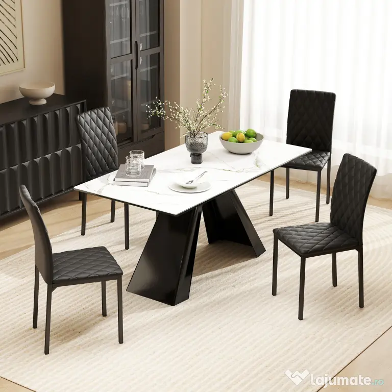 HOMCOM Set de 4 Scaune din Piele Ecologică cu Cusături Romboidale și Picioare din Oțel, 41x50x91 cm, Negru | Aosom Romania