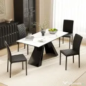 HOMCOM Set de 4 scaune pentru dining din piele sintetică cu cusături romboidale și picioare din metal, negru 