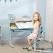 HOMCOM Set de birou si scaun cu inaltime reglabila Birou de scriere pentru copii masa de studiu pentru scoala cu raft, sertar, suport pentru stilouri, albastru