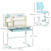 HOMCOM Set de birou si scaun cu inaltime reglabila Birou de scriere pentru copii masa de studiu pentru scoala cu raft, sertar, suport pentru stilouri, albastru