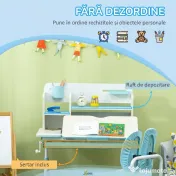 HOMCOM Set de birou si scaun cu inaltime reglabila Birou de scriere pentru copii masa de studiu pentru scoala cu raft, sertar, suport pentru stilouri, albastru