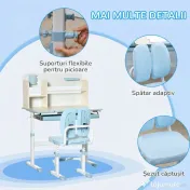 HOMCOM Set de birou si scaun cu inaltime reglabila Birou de scriere pentru copii masa de studiu pentru scoala cu raft, sertar, suport pentru stilouri, albastru
