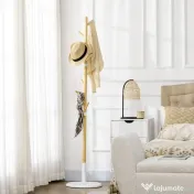HOMCOM Cuier tip copac cu 8 cârlige și bază rotundă din bambus, lemn și metal, Ø37.8x175.6 cm, culoare lemn și alb 