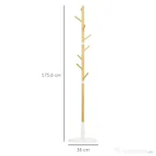 HOMCOM Cuier tip copac cu 8 cârlige și bază rotundă din bambus, lemn și metal, Ø37.8x175.6 cm, culoare lemn și alb 