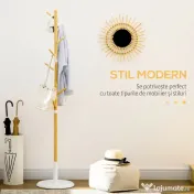 HOMCOM Cuier tip copac cu 8 cârlige și bază rotundă din bambus, lemn și metal, Ø37.8x175.6 cm, culoare lemn și alb 