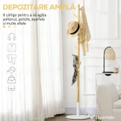 HOMCOM Cuier tip copac cu 8 cârlige și bază rotundă din bambus, lemn și metal, Ø37.8x175.6 cm, culoare lemn și alb 