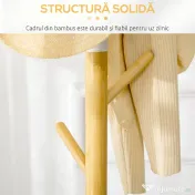 HOMCOM Cuier tip copac cu 8 cârlige și bază rotundă din bambus, lemn și metal, Ø37.8x175.6 cm, culoare lemn și alb 