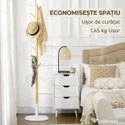 HOMCOM Cuier tip copac cu 8 cârlige și bază rotundă din bambus, lemn și metal, Ø37.8x175.6 cm, culoare lemn și alb 