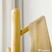 HOMCOM Cuier tip copac cu 8 cârlige și bază rotundă din bambus, lemn și metal, Ø37.8x175.6 cm, culoare lemn și alb 
