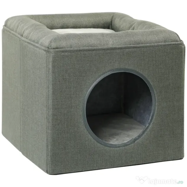PawHut Căsuță pentru Pisici cu 2 Nivele și Pernă din Pluș, din Lemn, Poliester și Plastic, 36.5x36.5x33 cm, Verde | Aosom Romania