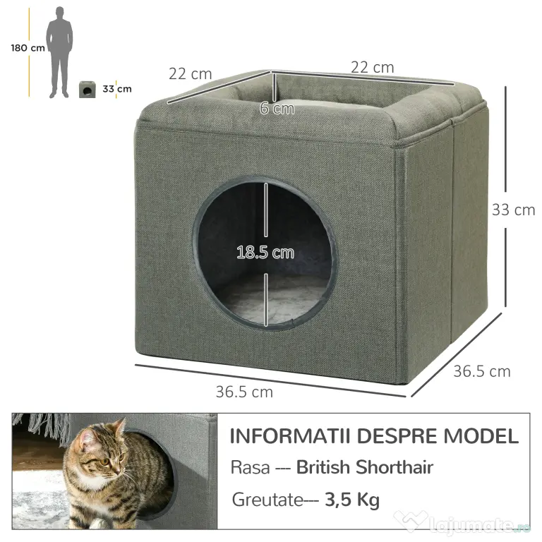 PawHut Căsuță pentru Pisici cu 2 Nivele și Pernă din Pluș, din Lemn, Poliester și Plastic, 36.5x36.5x33 cm, Verde | Aosom Romania