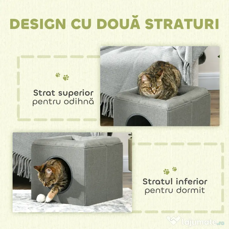 PawHut Căsuță pentru Pisici cu 2 Nivele și Pernă din Pluș, din Lemn, Poliester și Plastic, 36.5x36.5x33 cm, Verde | Aosom Romania