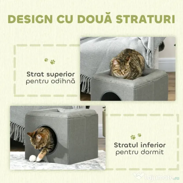 PawHut Căsuță pentru Pisici cu 2 Nivele și Pernă din Pluș, din Lemn, Poliester și Plastic, 36.5x36.5x33 cm, Verde | Aosom Romania