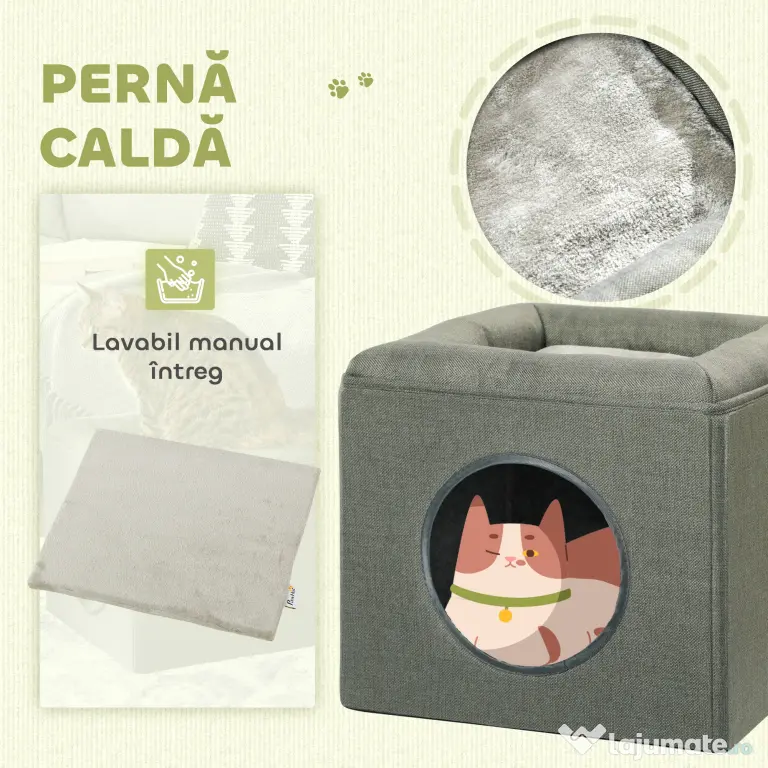PawHut Căsuță pentru Pisici cu 2 Nivele și Pernă din Pluș, din Lemn, Poliester și Plastic, 36.5x36.5x33 cm, Verde | Aosom Romania