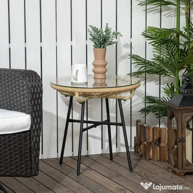 Outsunny Masa laterala din ratan, Masuta rotunda de cafea pentru exterior, blat din sticla securizata pentru terasa, negru | Aosom Romania