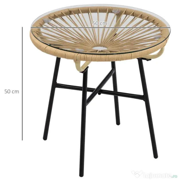 Outsunny Masa laterala din ratan, Masuta rotunda de cafea pentru exterior, blat din sticla securizata pentru terasa, negru | Aosom Romania