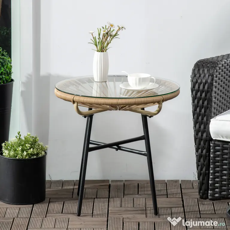 Outsunny Masa laterala din ratan, Masuta rotunda de cafea pentru exterior, blat din sticla securizata pentru terasa, negru | Aosom Romania
