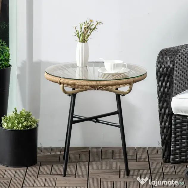 Outsunny Masa laterala din ratan, Masuta rotunda de cafea pentru exterior, blat din sticla securizata pentru terasa, negru | Aosom Romania