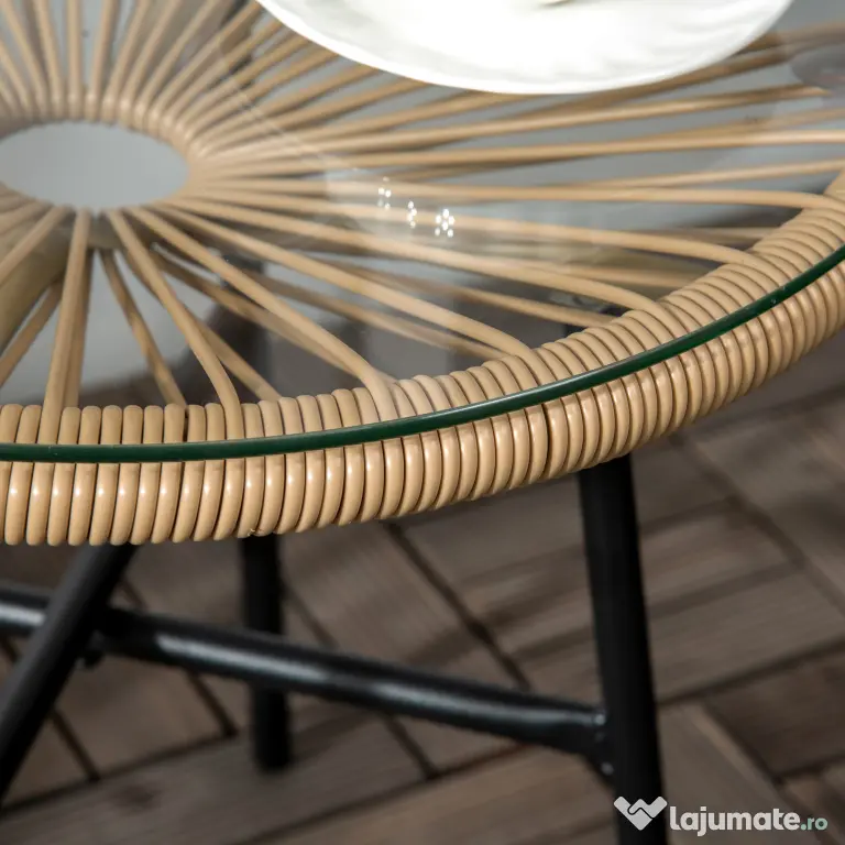 Outsunny Masa laterala din ratan, Masuta rotunda de cafea pentru exterior, blat din sticla securizata pentru terasa, negru | Aosom Romania