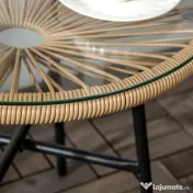 Outsunny Masa laterala din ratan, Masuta rotunda de cafea pentru exterior, blat din sticla securizata pentru terasa, negru | Aosom Romania 
