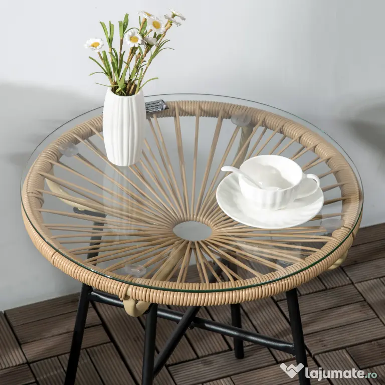 Outsunny Masa laterala din ratan, Masuta rotunda de cafea pentru exterior, blat din sticla securizata pentru terasa, negru | Aosom Romania
