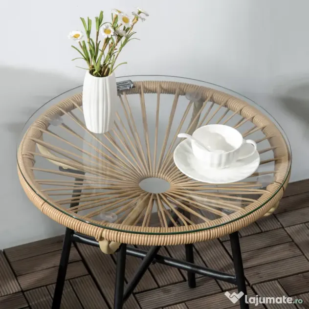 Outsunny Masa laterala din ratan, Masuta rotunda de cafea pentru exterior, blat din sticla securizata pentru terasa, negru | Aosom Romania