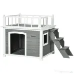 PawHut Cusca de exterior pentru caini cu balcon, scari, Cusca pentru caini rezistenta la intemperii cu picioare inaltate, ferestre, pentru caini de talie mica si medie