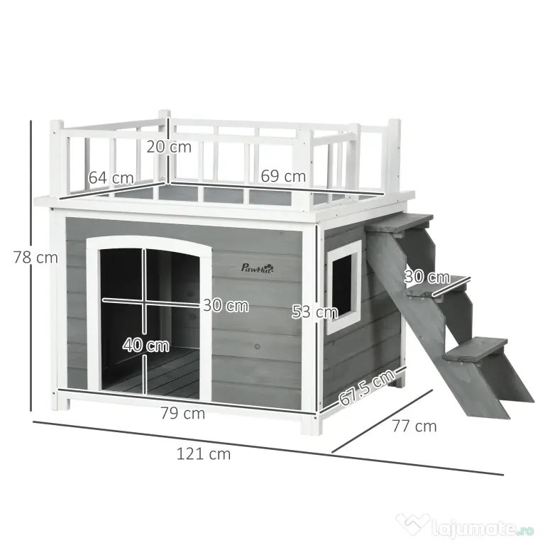 PawHut Cusca Exterior pentru Caini cu Balcon Scări și Picioare Înălțate Rezistentă la Intemperii | Aosom Romania