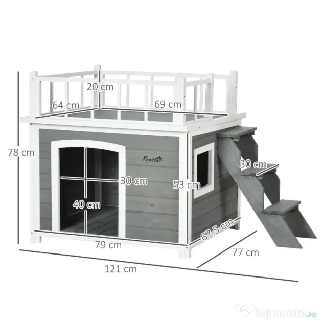 PawHut Cusca Exterior pentru Caini cu Balcon Scări și Picioare Înălțate Rezistentă la Intemperii | Aosom Romania