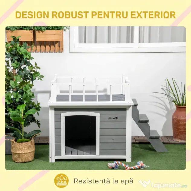 PawHut Cusca Exterior pentru Caini cu Balcon Scări și Picioare Înălțate Rezistentă la Intemperii | Aosom Romania