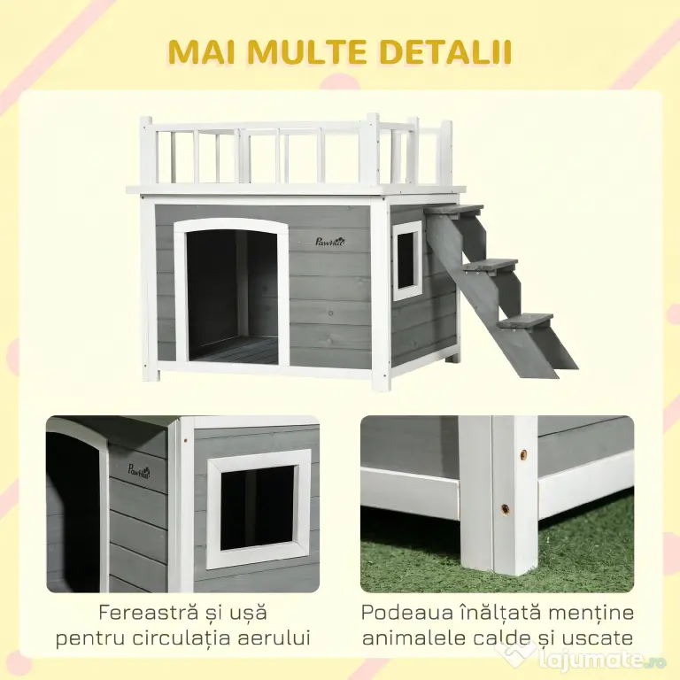 PawHut Cusca Exterior pentru Caini cu Balcon Scări și Picioare Înălțate Rezistentă la Intemperii | Aosom Romania