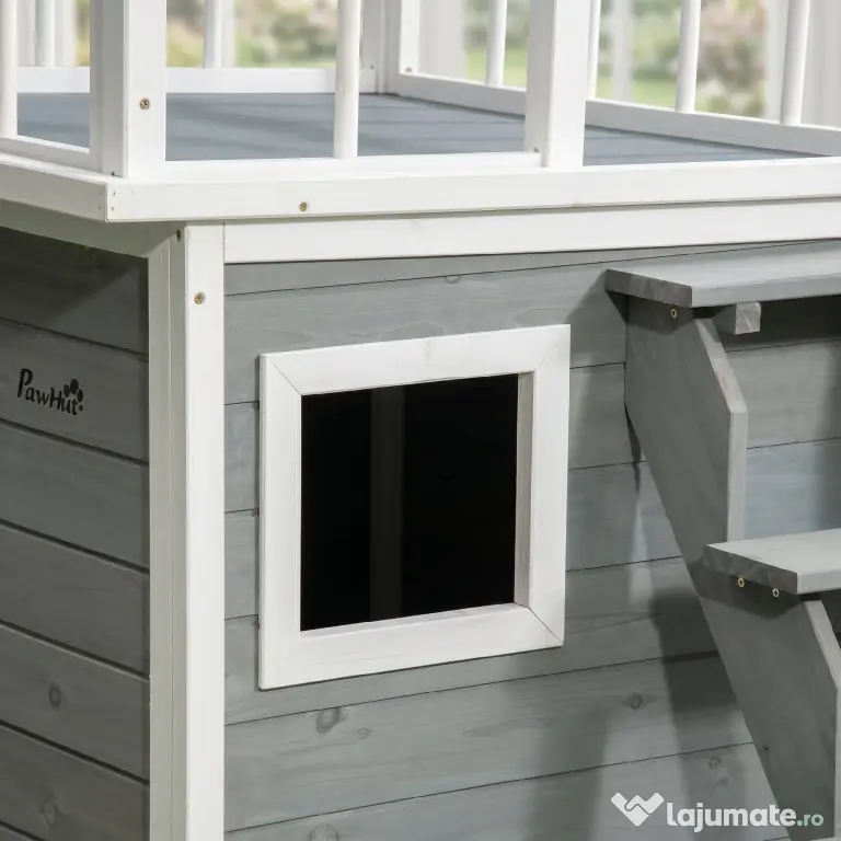 PawHut Cusca Exterior pentru Caini cu Balcon Scări și Picioare Înălțate Rezistentă la Intemperii | Aosom Romania
