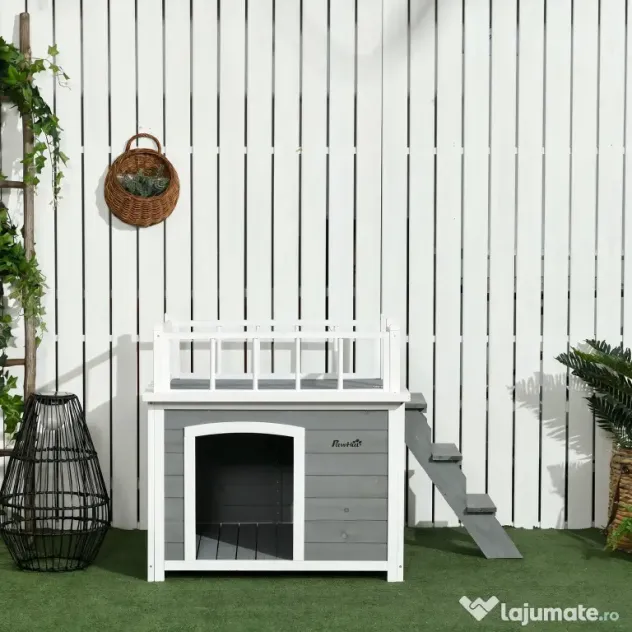 PawHut Cusca Exterior pentru Caini cu Balcon Scări și Picioare Înălțate Rezistentă la Intemperii | Aosom Romania
