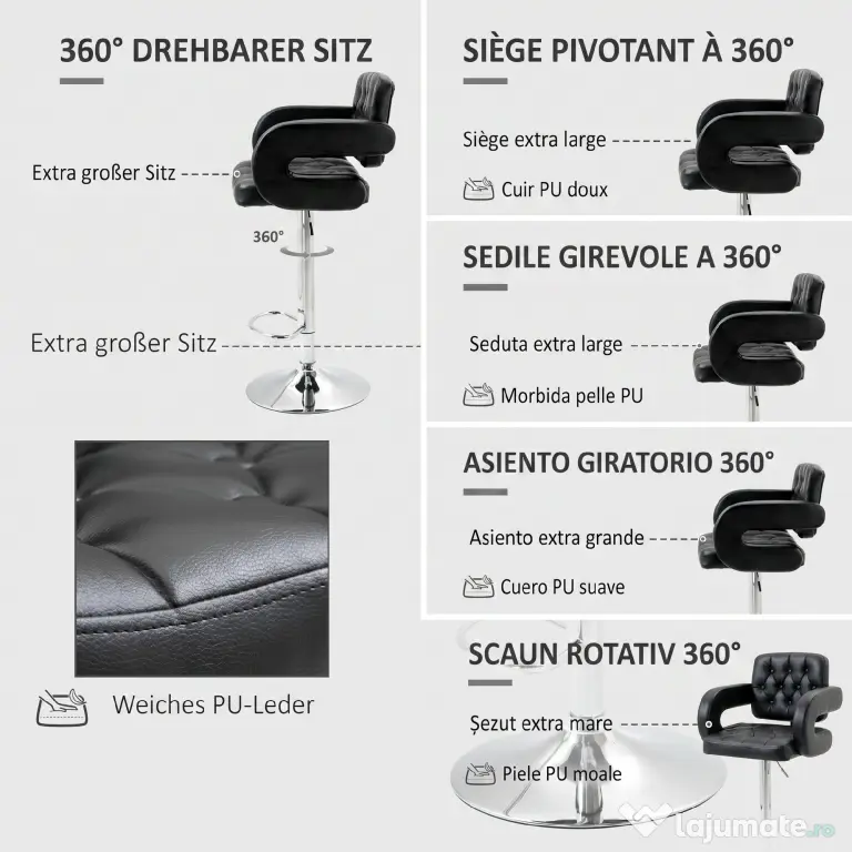HOMCOM Scaun de Bar cu Spătar și Brațe, Scaun Modern de Bucătărie Rotativ cu Înălțime Reglabilă, 61x50x94-114 cm, Negru | Aosom Romania