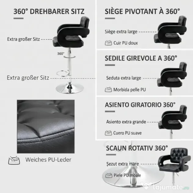 HOMCOM Scaun de Bar cu Spătar și Brațe, Scaun Modern de Bucătărie Rotativ cu Înălțime Reglabilă, 61x50x94-114 cm, Negru | Aosom Romania