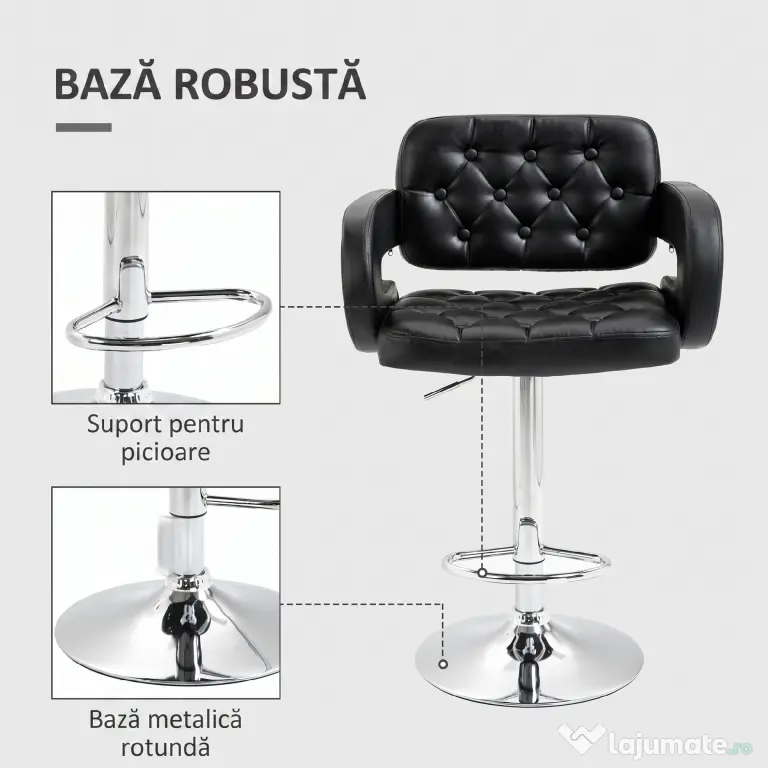 HOMCOM Scaun de Bar cu Spătar și Brațe, Scaun Modern de Bucătărie Rotativ cu Înălțime Reglabilă, 61x50x94-114 cm, Negru | Aosom Romania