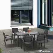 Outsunny Set de 7 Piese de Grădină din Aluminiu cu Masă Extensibilă și 6 Scaune cu Șezut din Plasă Respirabilă, 210x90x75 cm, Gri | Aosom Romania