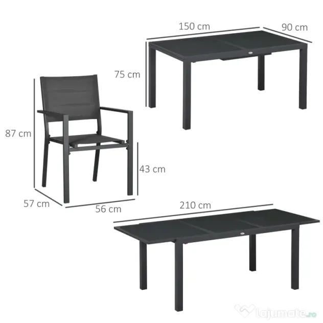 Outsunny Set de 7 Piese de Grădină din Aluminiu cu Masă Extensibilă și 6 Scaune cu Șezut din Plasă Respirabilă, 210x90x75 cm, Gri | Aosom Romania