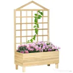 Outsunny Ghivece din Lemn cu Grilaj pentru Catarat Vita de Vie, Paturi Suprainaltate pentru Gradina din Curte, Jardiniera in Aer Liber pentru Legume, Flori, Ierburi, Nuanta Natur Antichizata