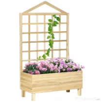 Outsunny Ghivece din Lemn cu Grilaj pentru Catarat Vita de Vie, Paturi Suprainaltate pentru Gradina din Curte, Jardiniera in Aer Liber pentru Legume, Flori, Ierburi, Nuanta Natur Antichizata