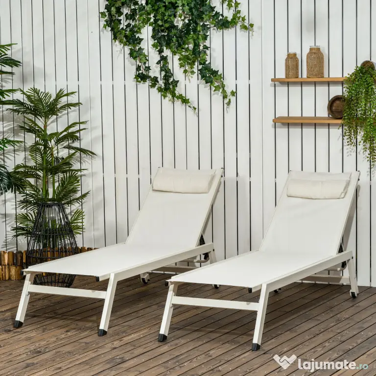 Outsunny Set 2 Sezlonguri Pliabile din Aluminiu și Poliester, Confortabile și Ușor de Depozitat, Bej, 55x195x30cm | Aosom Romania