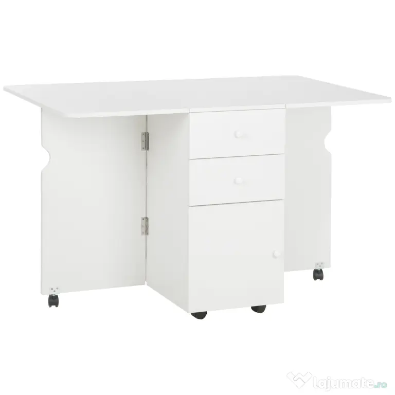 HOMCOM Masa de Bucatarie pliabila cu 2 Sertare si Dulapior cu Usi, Masa Plianta cu 6 Roti din PAL, 120x80x75 cm, Alb