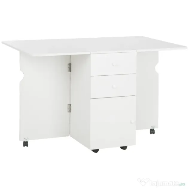 HOMCOM Masa de Bucatarie pliabila cu 2 Sertare si Dulapior cu Usi, Masa Plianta cu 6 Roti din PAL, 120x80x75 cm, Alb